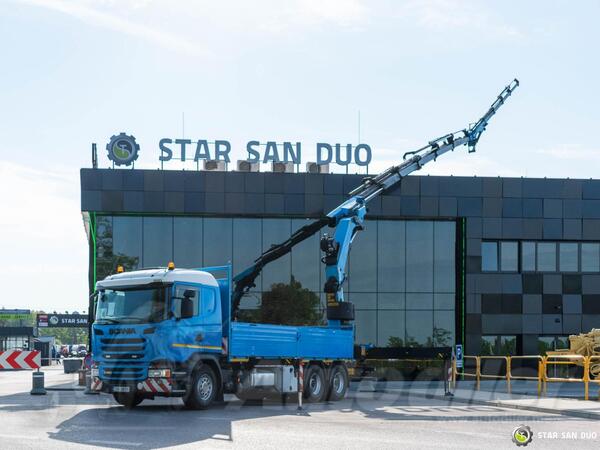 Scania - G450 6x4 PALFINGER PK 42002 SH Fly Jib kran kamion s ravnom platformom / STR-0671